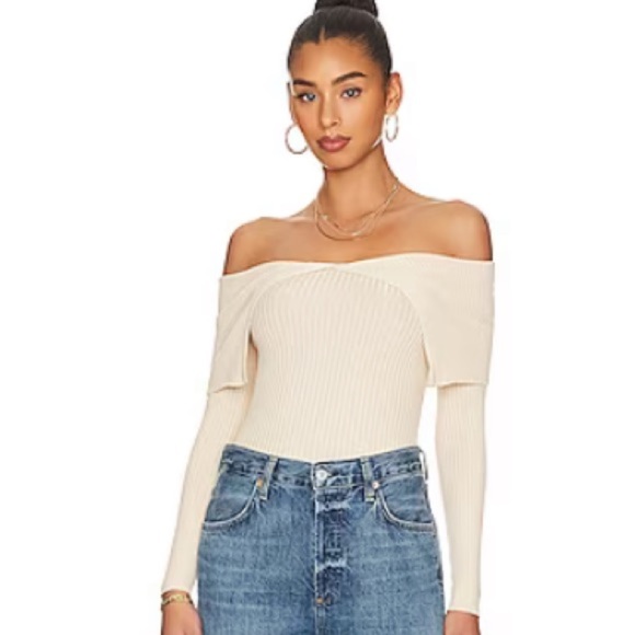 New Lovers + Friends Avi Off-Shoulder Sweater in Beige - Picture 1 of 6